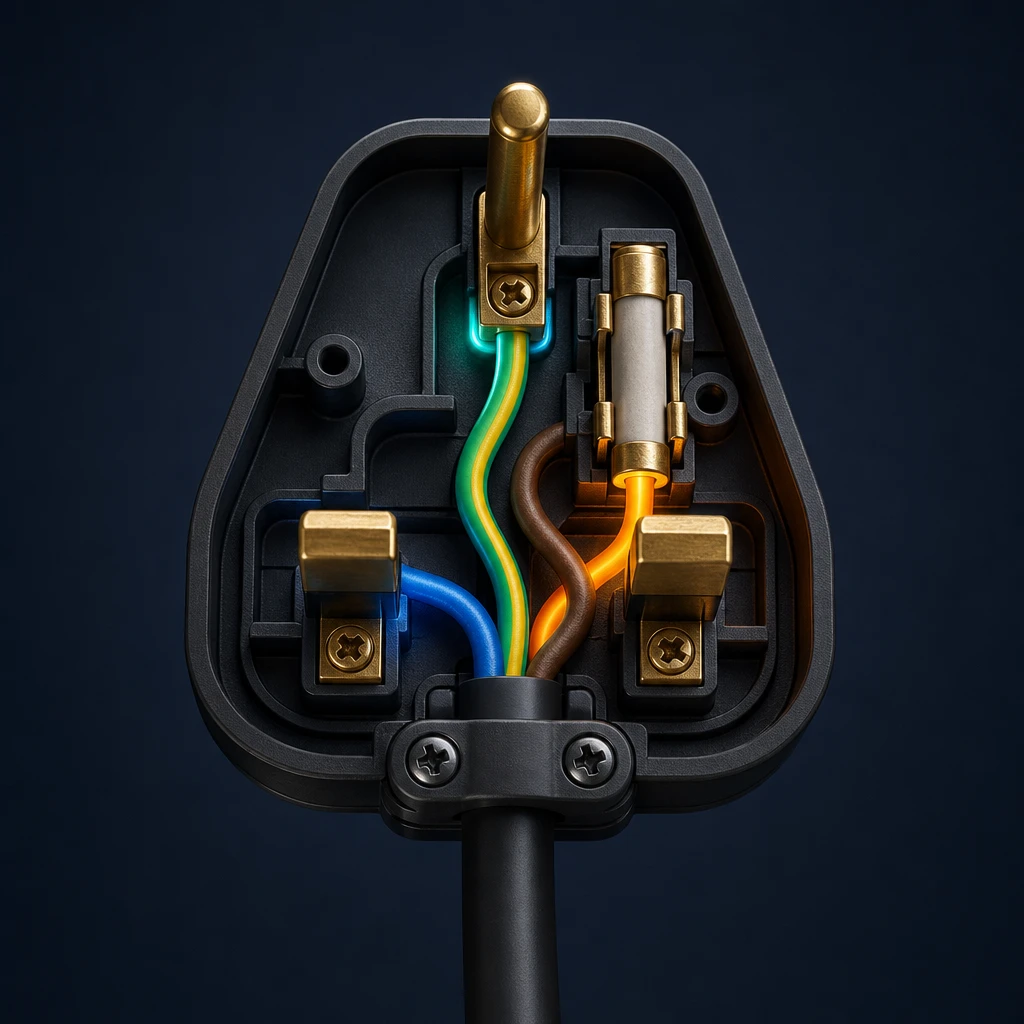 GCSE Physics revision: three-pin plug showing live (brown), neutral (blue) and earth wires with fuse
