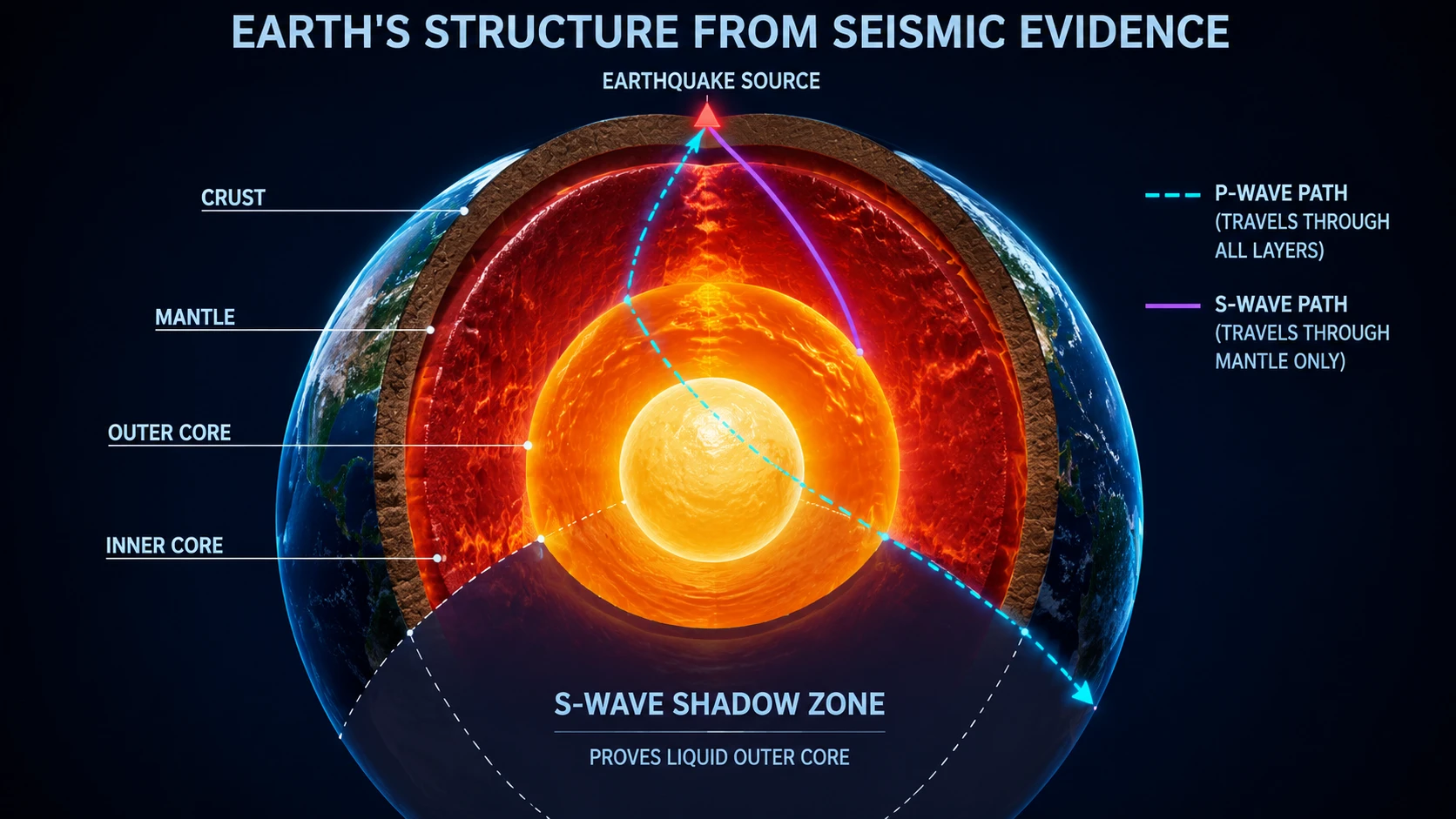 Cross-section of Earth showing crust, mantle, liquid outer core and solid inner core, with P-waves passing through and S-waves stopping at liquid core