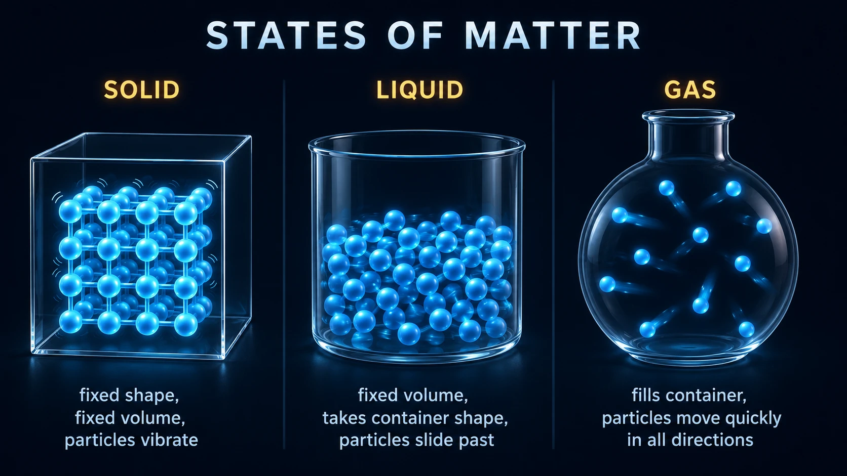 Particle arrangement in solids (fixed grid, vibrating), liquids (close but moving), and gases (spread out, fast random motion)