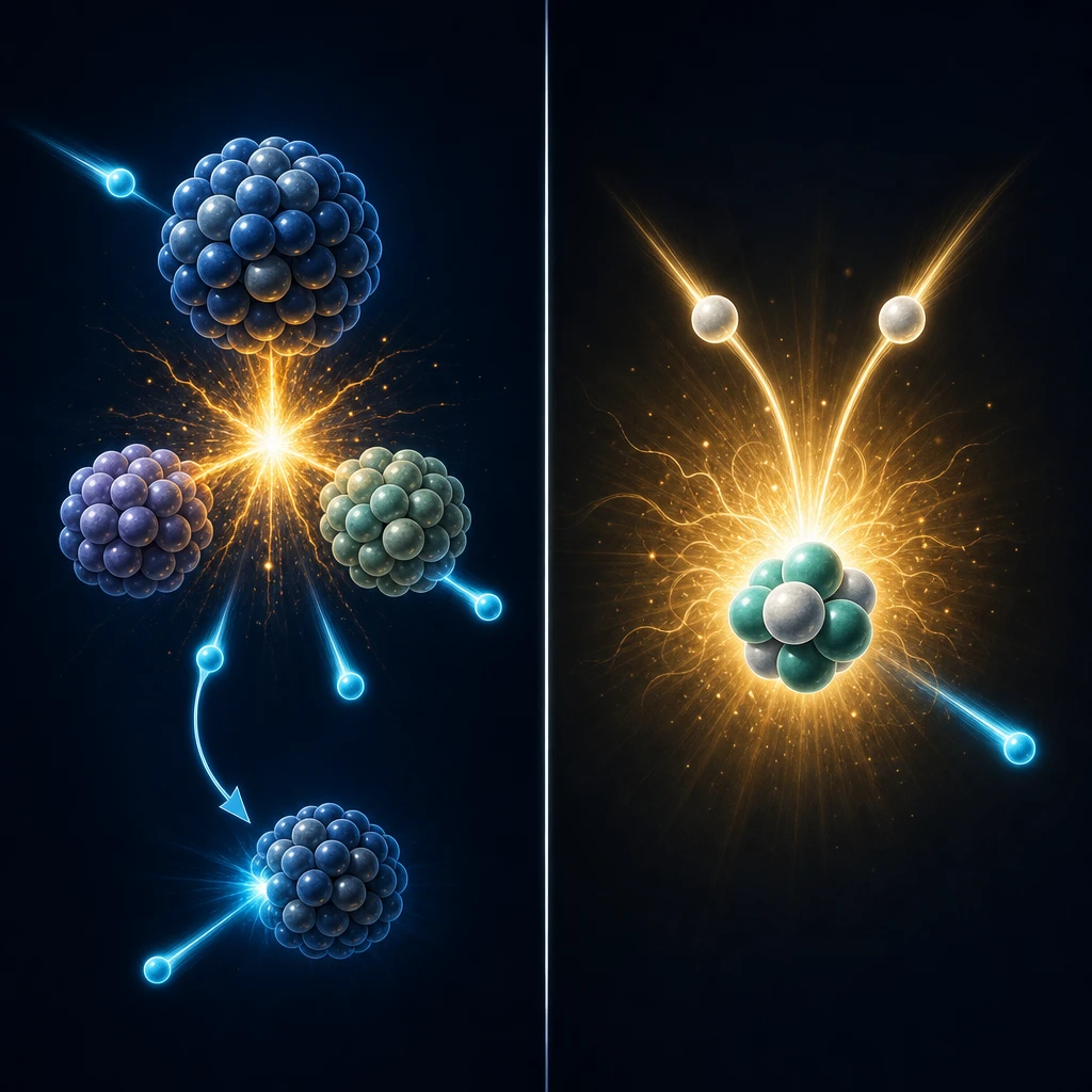GCSE Physics revision: nuclear fission and fusion showing chain reaction and hydrogen fusion