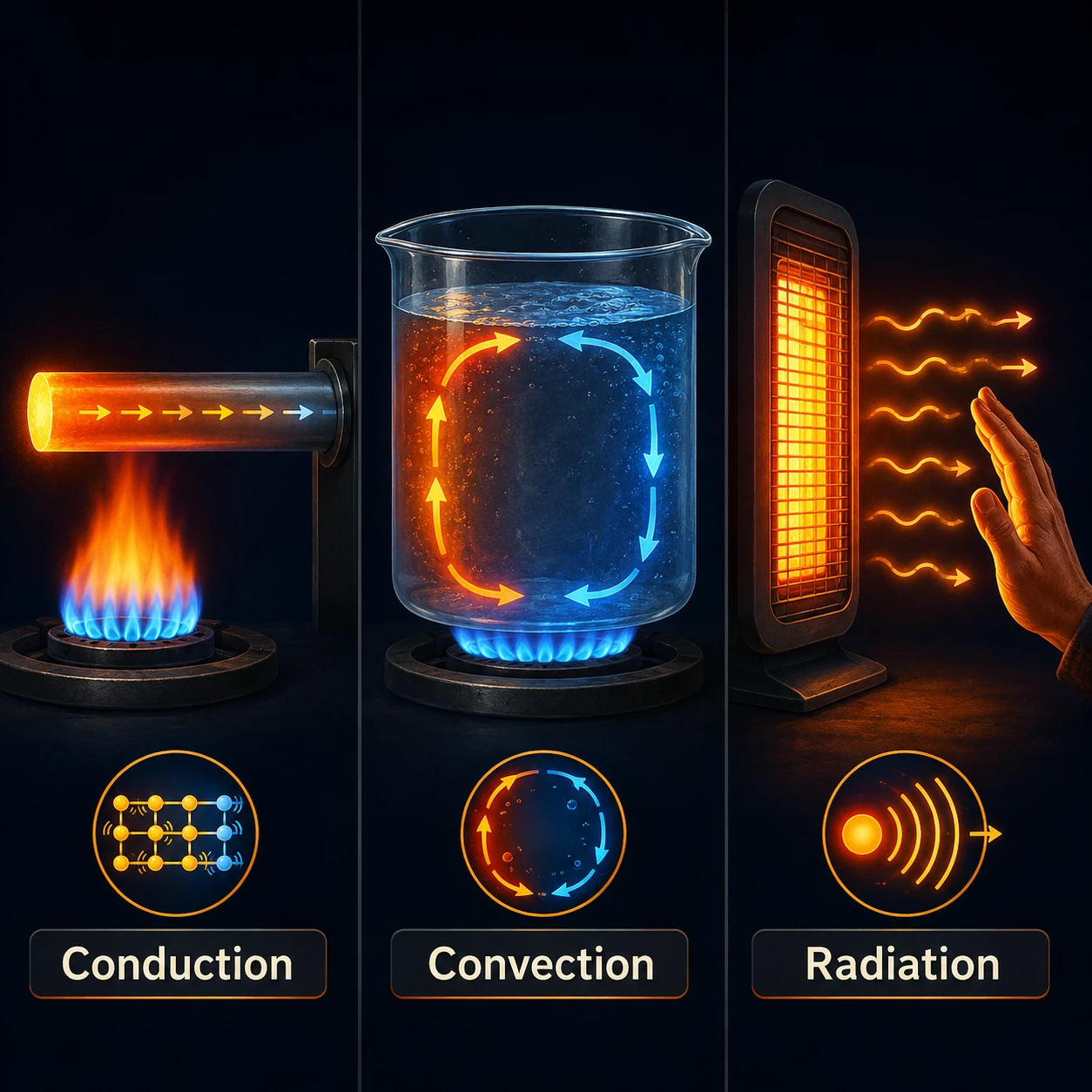GCSE Physics revision: heat transfer showing conduction, convection and radiation