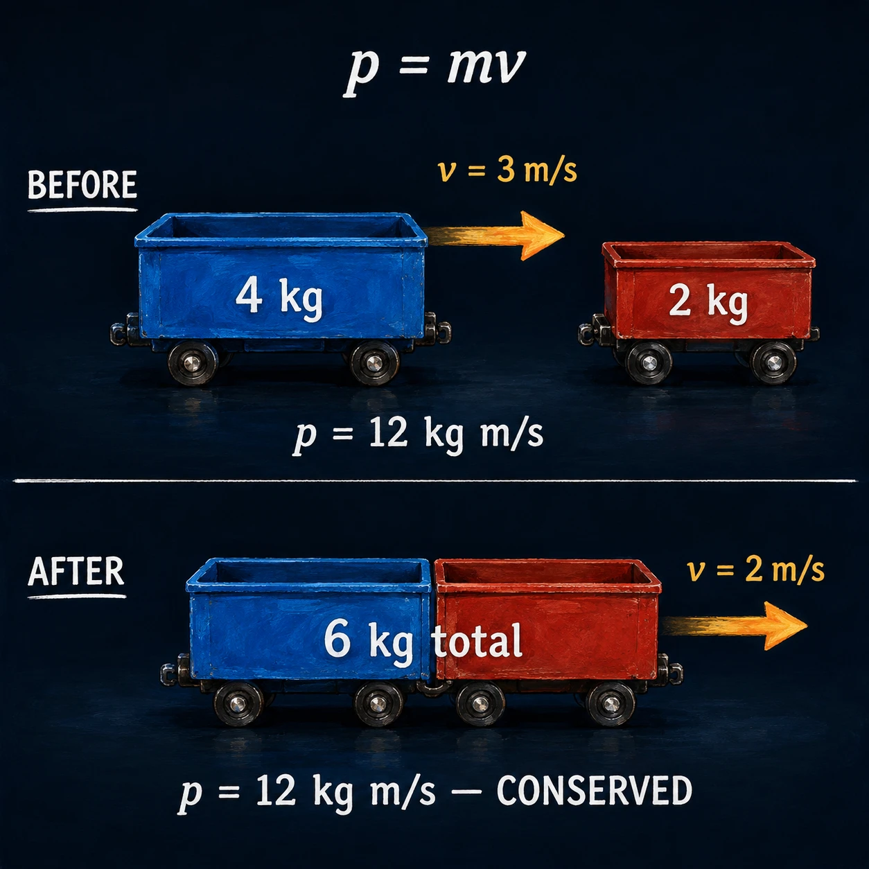 GCSE Physics revision: conservation of momentum — before and after collision comparison