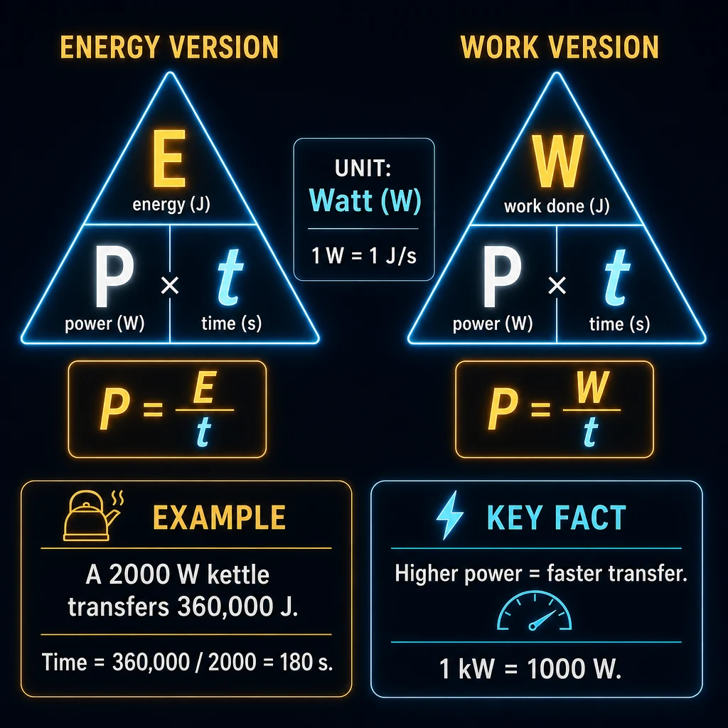 GCSE Physics revision: power formula triangles showing P = E/t and P = IV rearrangements