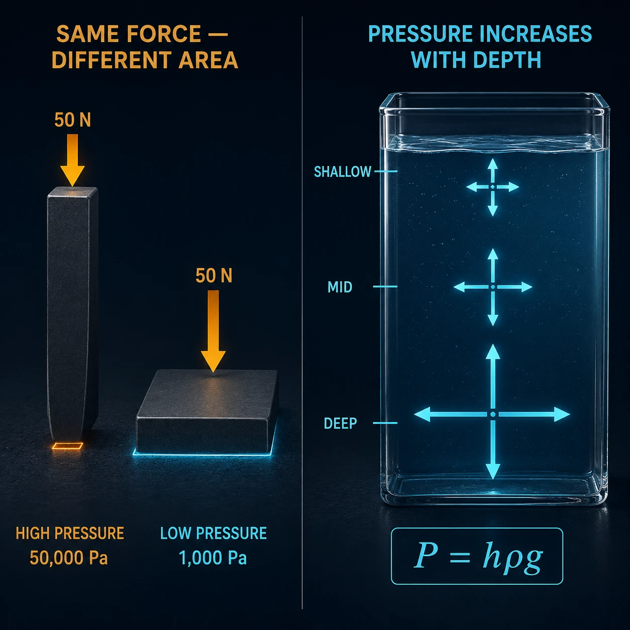 GCSE Physics revision: pressure on surfaces showing stiletto vs flat shoe, and pressure with depth