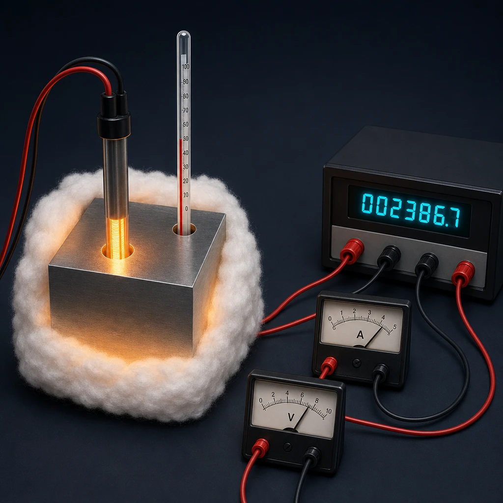 GCSE Physics revision: specific heat capacity apparatus — electric heater in insulated block